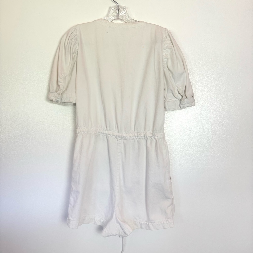Zara White Denim Puff Sleeve Romper Snap Front Drawstring Waist Size Medium - Picture 4 of 5